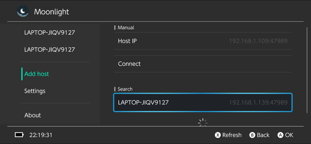 Moonlight - Pantalla de configuración del cliente de streaming de juegos Moonlight para añadir un PC anfitrión mediante dirección IP o búsqueda local.
