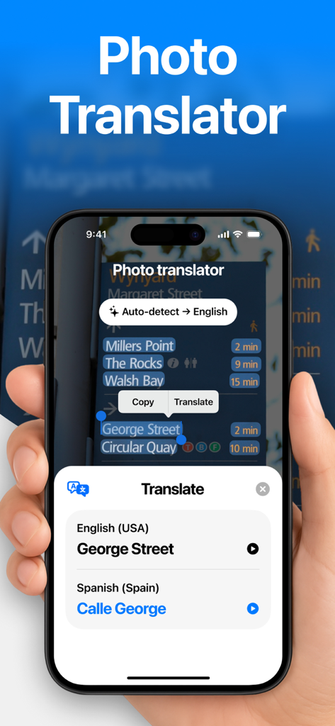 Smartphone screen showing the photo translation feature of AI Lissa app translating street sign text from English to Spanish