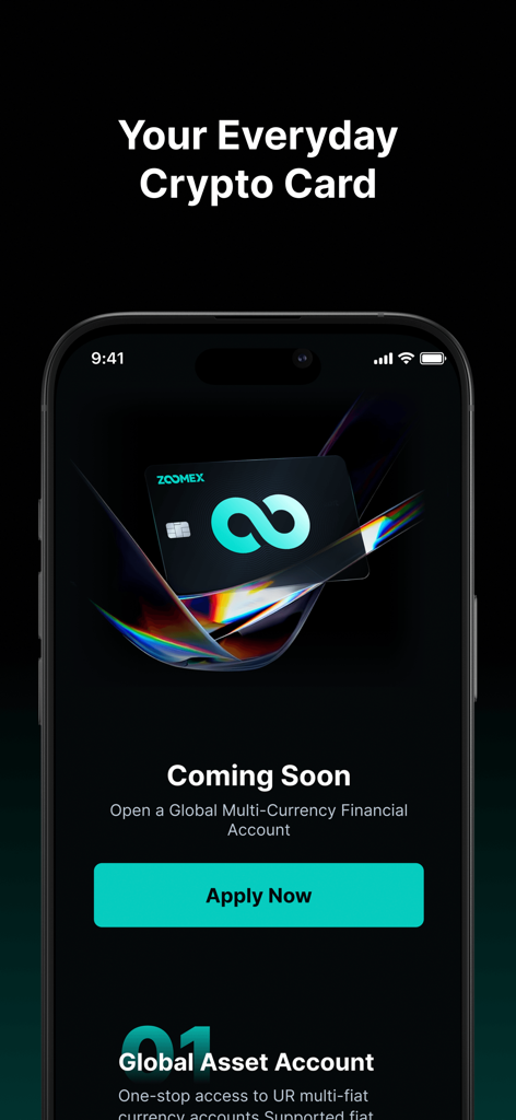 ZMEX mobile app interface showing the upcoming everyday crypto card and global financial account options