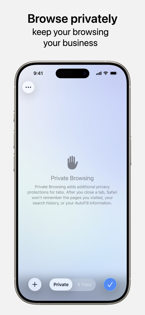 Safari - Pantalla de iPhone mostrando el modo de navegación privada de Safari con texto explicando las funciones de protección de la privacidad