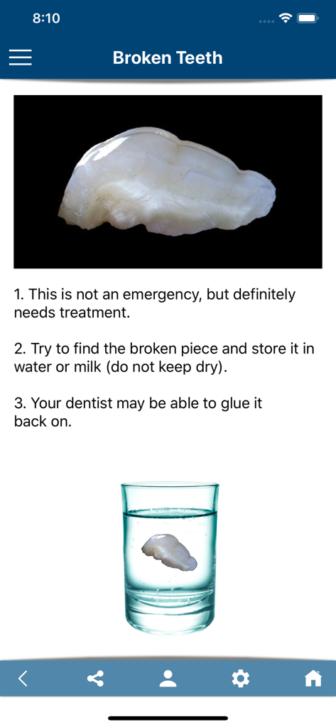 Emergency instructions for a broken tooth showing how to store the fragment in liquid.