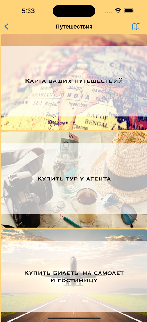 Travel menu screen in Another Life I life simulator with options for map and bookings