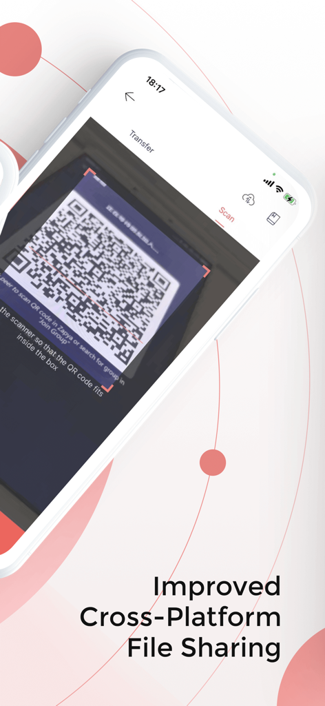 A smartphone using the Zapya app to scan a QR code for cross-platform file sharing.