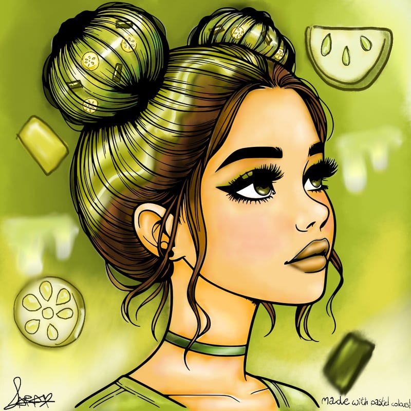 realistic girl with buns on the top of her head