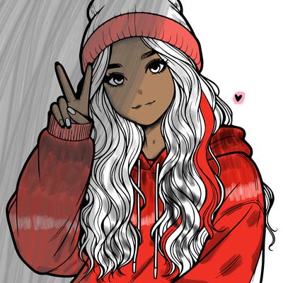 a teenage girl in a beanie, oversized sweatshirt, wavy long hair, and is showing a ✌️