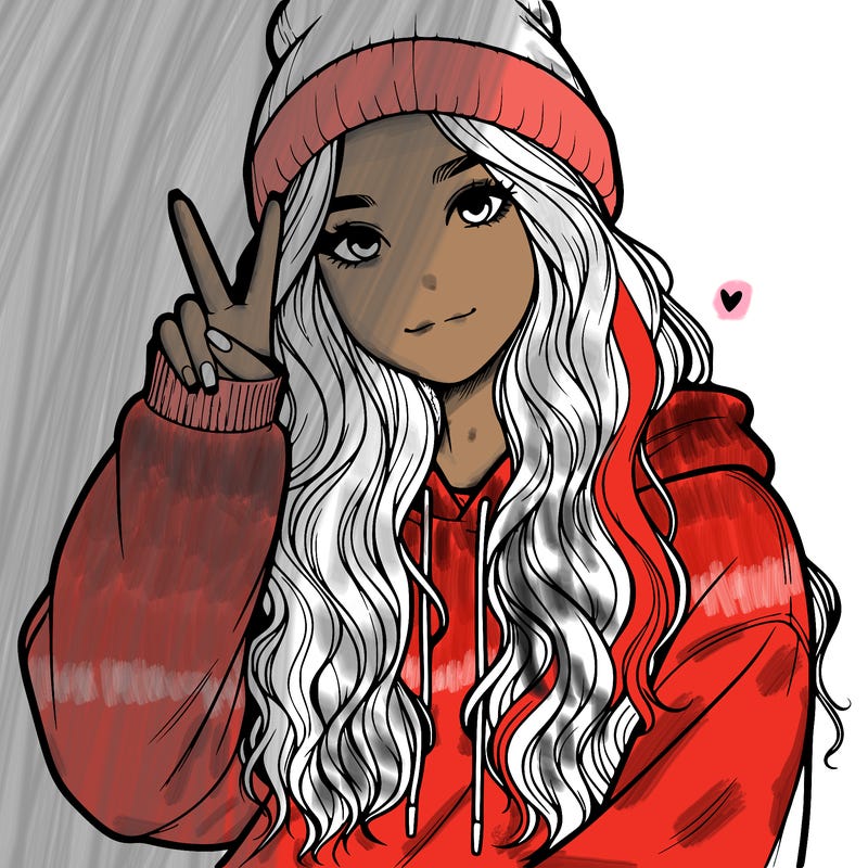 a teenage girl in a beanie, oversized sweatshirt, wavy long hair, and is showing a ✌️