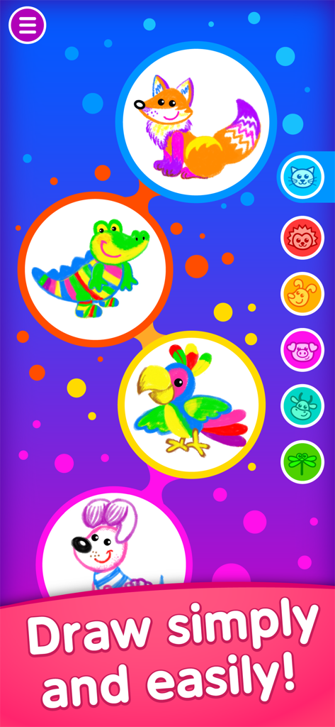 Colorful hand-drawn animals like a fox and crocodile in a kids drawing app interface