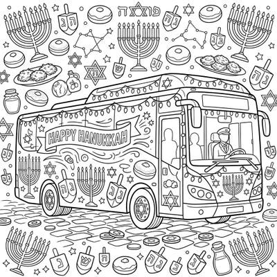Hop aboard for a joyous journey with our Hanukkah Electric Bus coloring page! This festive design is packed with traditional symbols like menorahs, dreidels, and delicious treats, ready for your creative touch.