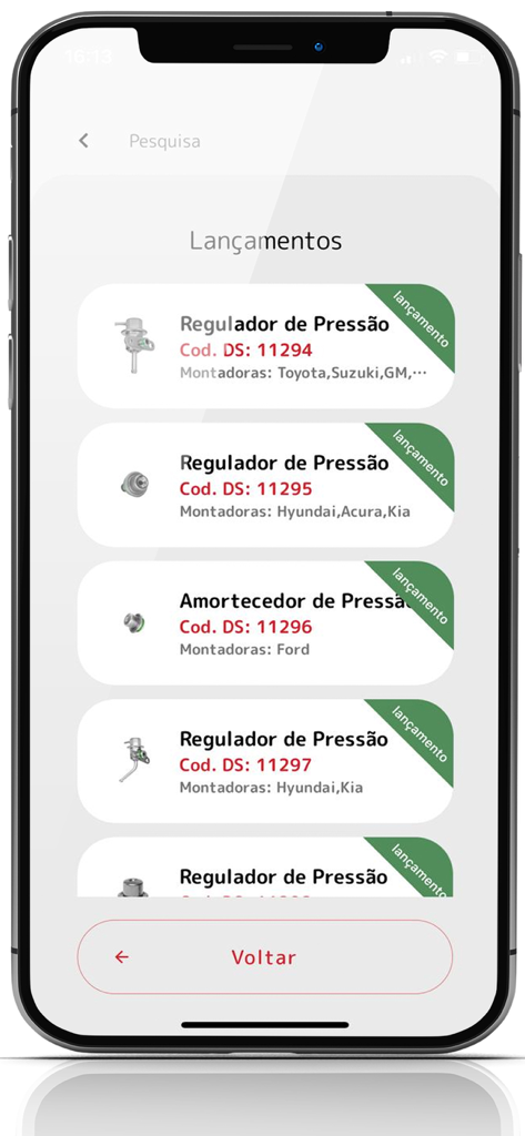 DS Auto - DS Auto mobile app screen displaying a list of new automotive pressure regulators with part codes and compatible vehicle brands