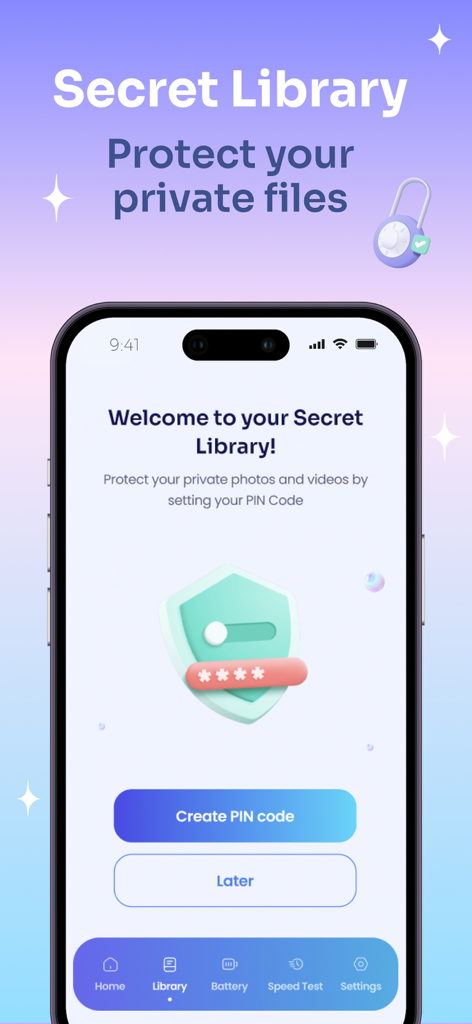 CleanApp Pro: Storage Cleaner - Captura de pantalla de la función de Biblioteca Secreta en CleanApp Pro mostrando una interfaz segura para proteger archivos privados con un código PIN.