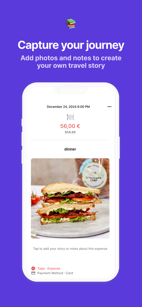 Trabee Pocket - Travel Budget - Trabee Pocket app interface showing a dinner expense with a photo of a sandwich and currency conversion