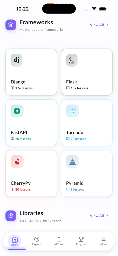 Screen from Learn Python Coding Offline app showing web framework courses like Django and Flask with lesson counts