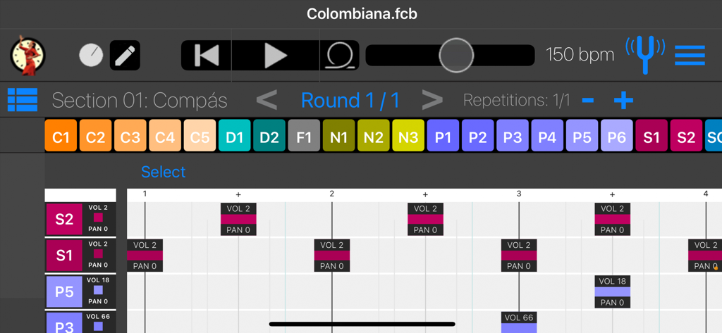 Compás Builder - Interfaz de la aplicación Compás Builder mostrando un secuenciador de ritmo flamenco detallado con controles de reproducción y volumen.