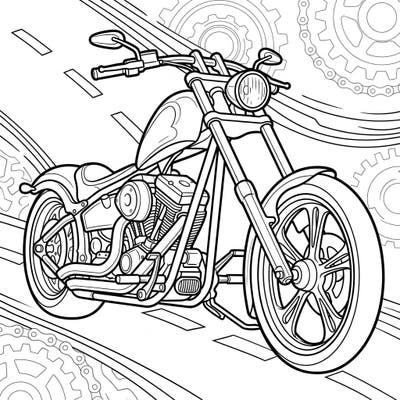 Rev up your coloring skills with this intricate chopper motorcycle design, featuring a classic custom build with extended forks. Perfect for enthusiasts looking to bring a legendary ride to life with color.