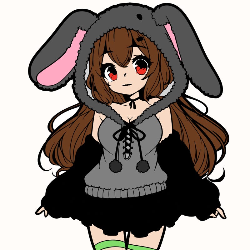 pretty anime girl wearing a fluffy hoodie with bunny ears on the hood and a skirt
