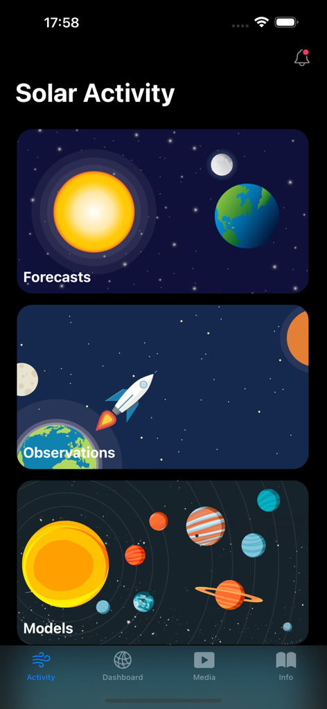 Solar Activity Pro - Interface do aplicativo Solar Activity Pro mostrando opções do menu principal para previsões, observações e modelos