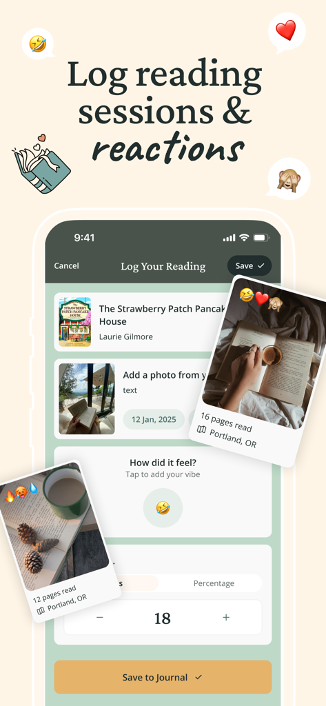 Reading Journey: Book Tracker - Una interfaz móvil para la app Reading Journey que muestra cómo los usuarios pueden registrar sesiones de lectura, páginas leídas y reacciones emocionales usando emojis y fotos.