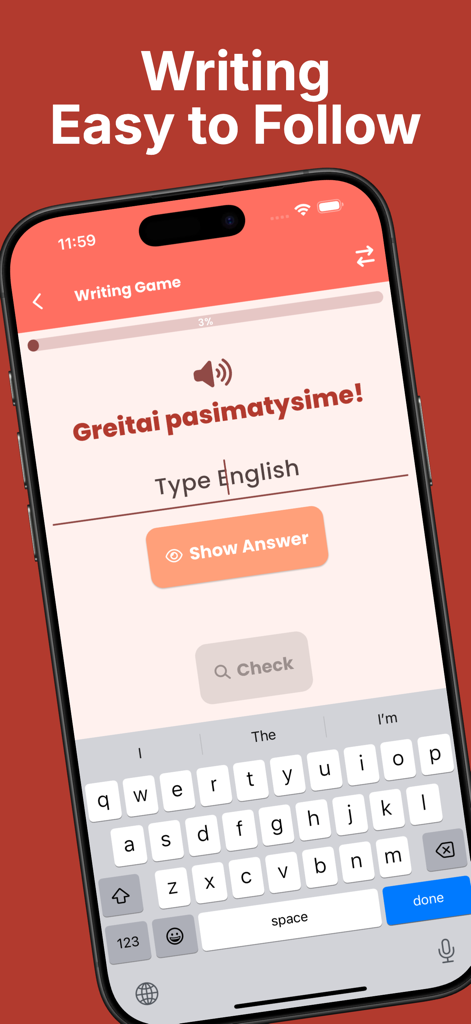 Interface do aplicativo Aprenda Lituano mostrando um jogo de escrita onde os usuários traduzem frases do lituano para o inglês