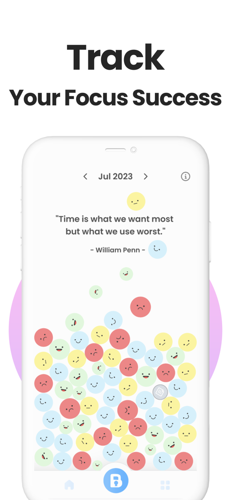 Blockin -Screen Time for Focus - Blockin app interface showing focus success tracking with smile balls and a quote