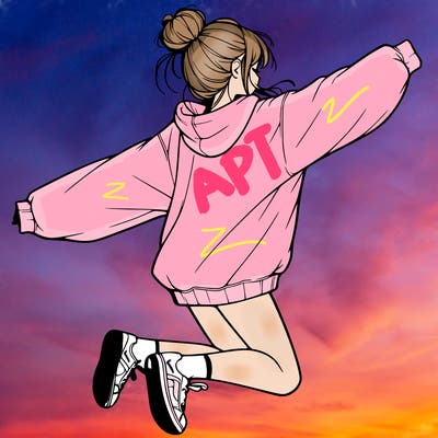 realistic girl jumping with a bun and oversized sweatshirt