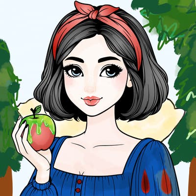 a woman with medium short hair, wearing a headband with a small bow, carrying an apple in her hand, realistic
