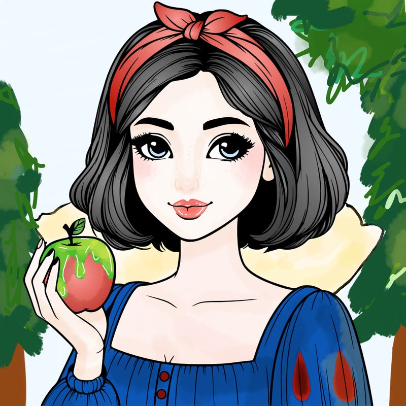 a woman with medium short hair, wearing a headband with a small bow, carrying an apple in her hand, realistic