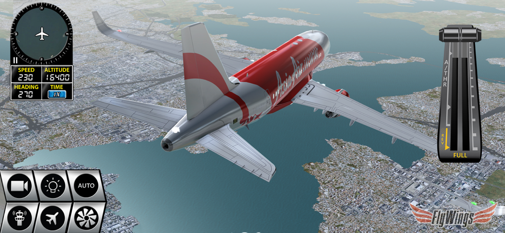 Flight Simulator FlyWings 2016 - A red and white commercial jet flying over a coastal city in Flight Simulator FlyWings 2016