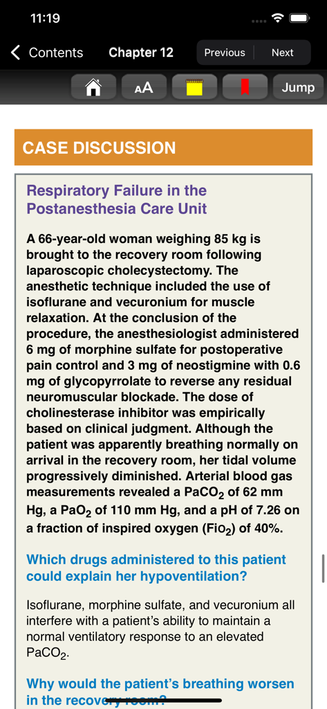 Una pantalla de discusión de casos en la aplicación Clinical Anesthesiology sobre insuficiencia respiratoria en la unidad de cuidados postanestésicos.