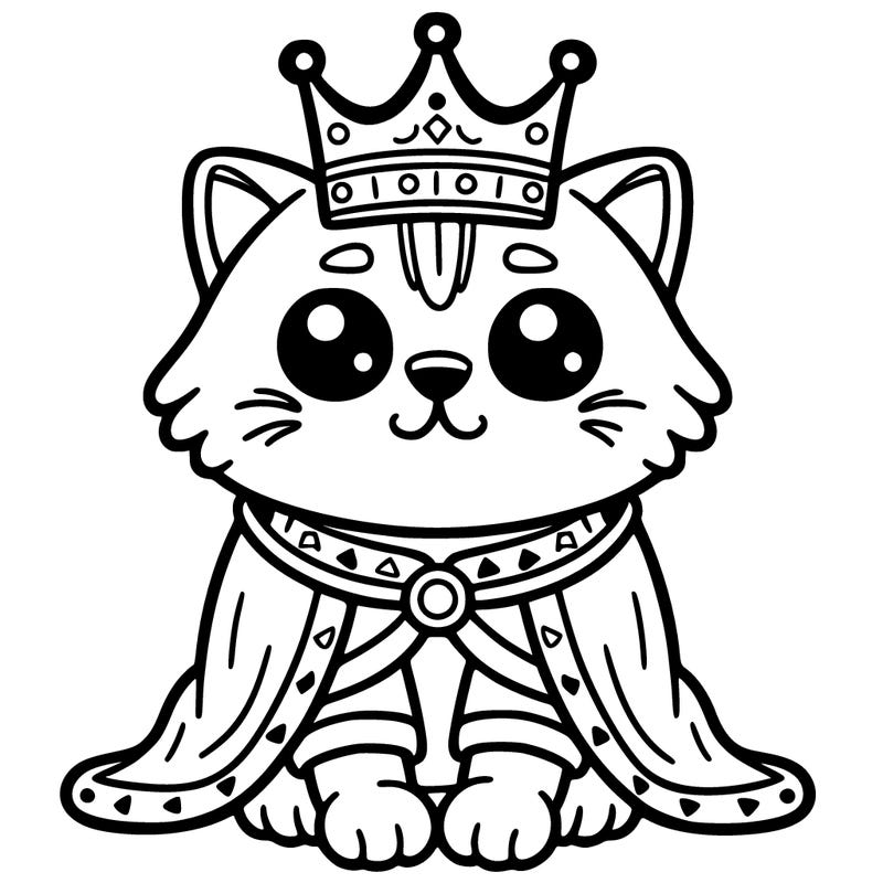 cat wearing a crown and a robe sitting on a throne