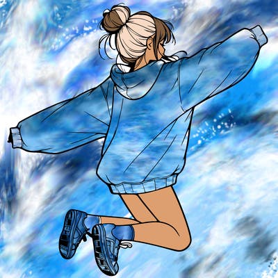 realistic girl jumping with a bun and oversized sweatshirt