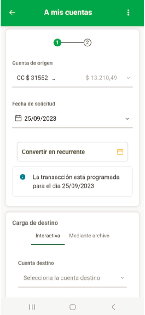 Pampa Digital - Empresas - Interfaccia di banking aziendale per la pianificazione dei trasferimenti di fondi tra conti nell'app Pampa Digital Empresas