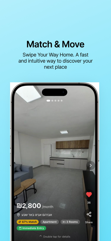 Roomly - Match & Move - Roomly app screen displaying an apartment listing with a match score and pricing