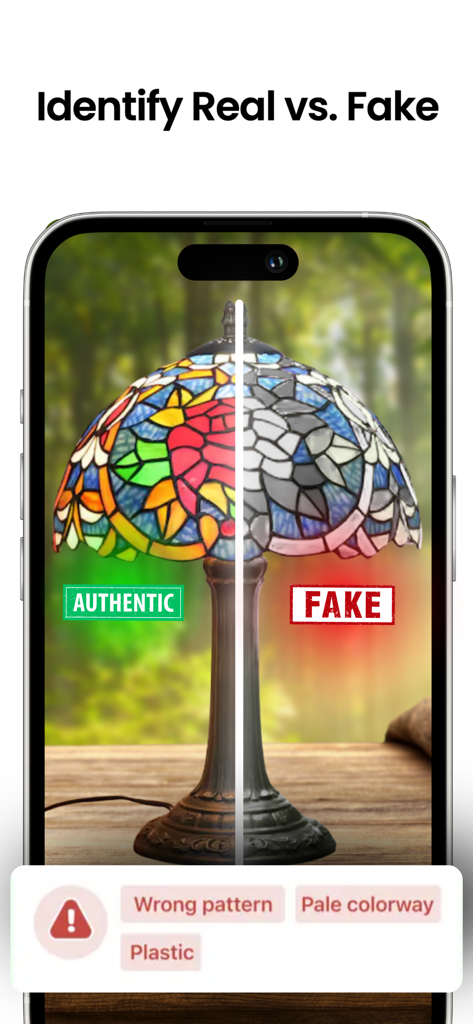 Thrifty app interface demonstrating AI-powered comparison between an authentic and fake stained-glass lamp.