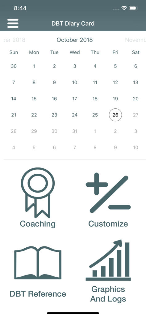 DBT Diary Card & Skills Coach - Main menu interface of the DBT Diary Card app featuring a calendar and icons for coaching, customization, and progress logs