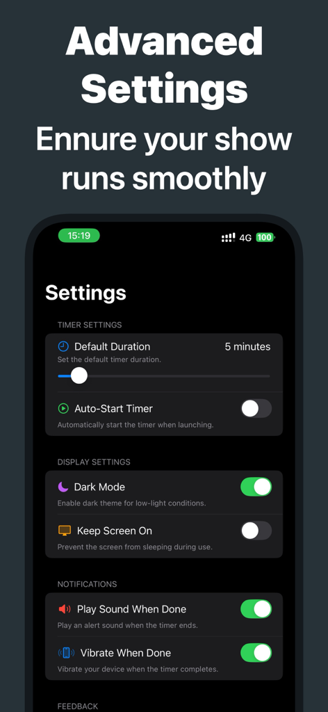 Stage Timer - Bildschirm für erweiterte Einstellungen der Stage Timer App mit Anpassungsoptionen für Timer-Dauer, Anzeige-Modi und Benachrichtigungen