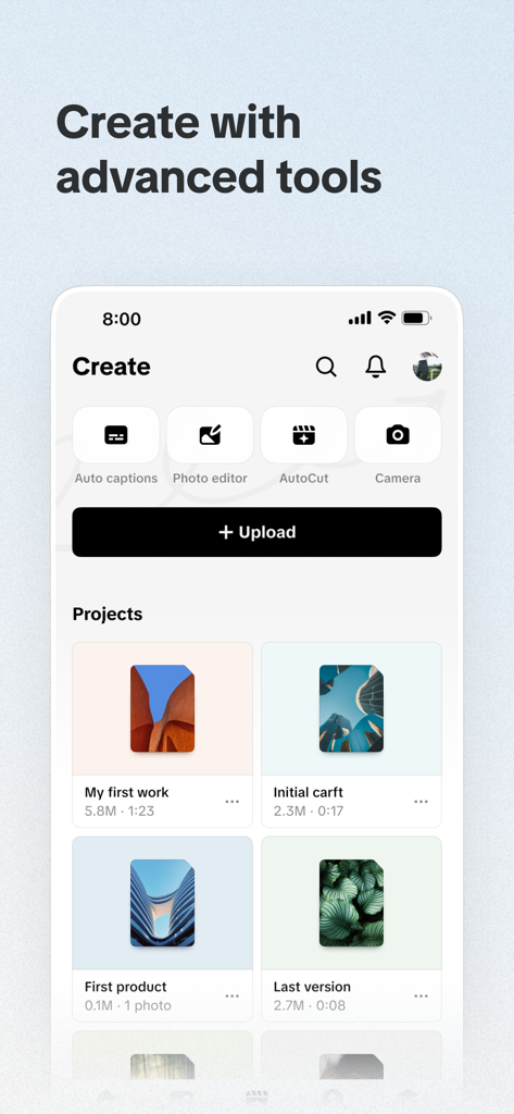 TikTok Studio App-Oberfläche, die erweiterte Erstellungstools und Benutzerprojekte zeigt