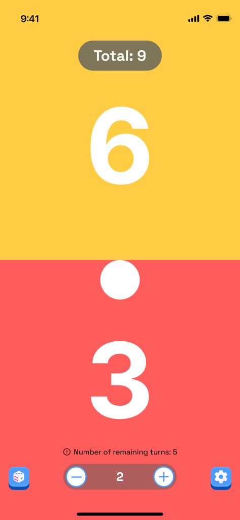 Dice Roller - Dice Challenge - Digital dice roller screen displaying a total sum of nine from two rolls