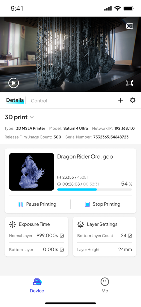 ELEGOO Matrix app interface showing a live video feed of a 3D print in progress with remote control options