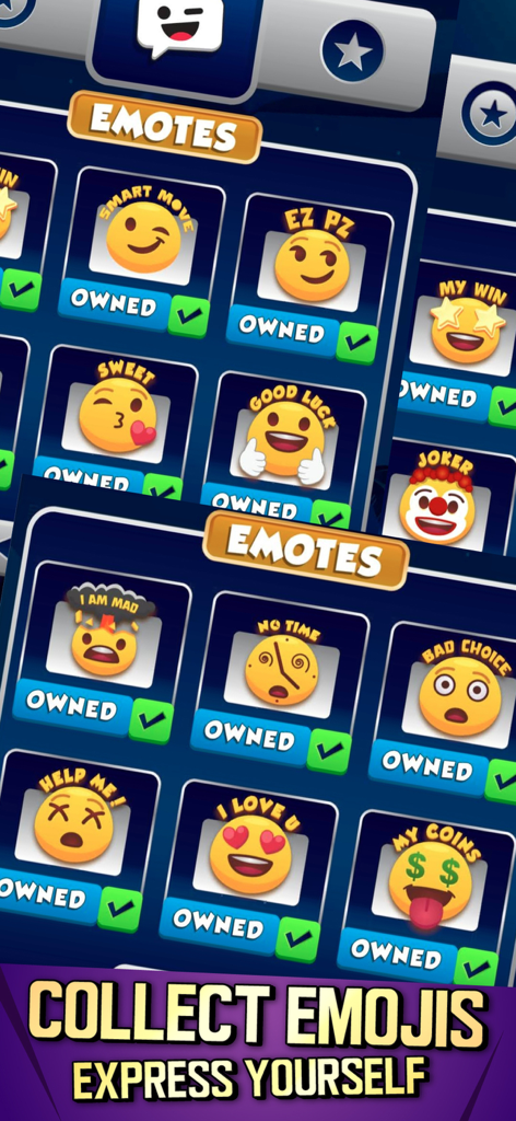 A menu showing a collection of unlockable emotes and emojis for social expression in SkeeBoost arcade game.