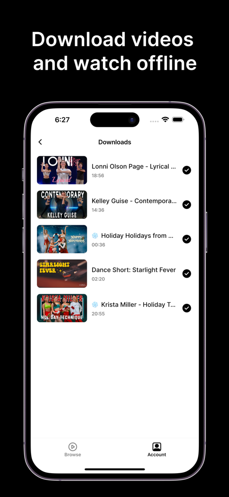 The Space TV: Dance Classes! - Mobile interface showing the downloads section of The Space TV app for offline dance practice