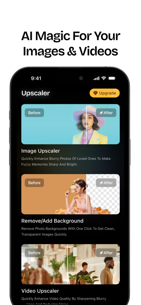 Image Upscaler - AI Upscale - AIツール、写真エンハンスメント、背景削除、ビデオシャープニングの前後比較例を示すImage Upscalerアプリのインターフェイス