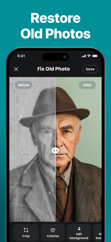 Remaxi: Unblur & Repair Photo - Before and after comparison of an old man's portrait restored and colorized with Remaxi AI