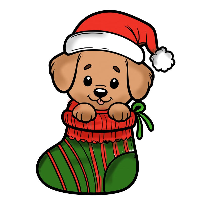 cute puppy wearing santa hat in socking