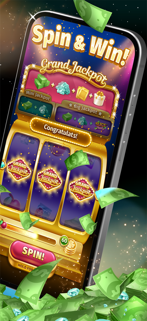 Solitaire Stash: Win Real Cash - 날아가는 현금과 함께 그랜드 잭팟 당첨을 보여주는 솔리테어 스태시 스핀 앤 윈 슬롯 머신 미니 게임