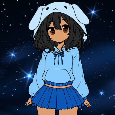 pretty anime girl wearing a fluffy hoodie with bunny ears on the hood and a skirt