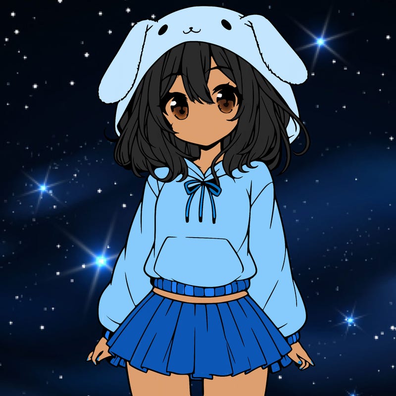 pretty anime girl wearing a fluffy hoodie with bunny ears on the hood and a skirt