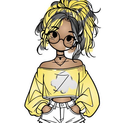 girl with a messy ponytail glasses a baggy crop top and jean shorts