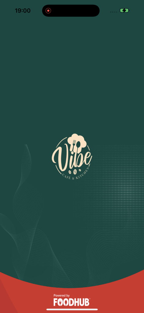 Vibe Cafe & Kitchen - Vibe Cafe and Kitchenアプリのスプラッシュスクリーン。ダークグリーンの背景に、シェフ帽とコーヒー豆の公式ロゴが表示されています。