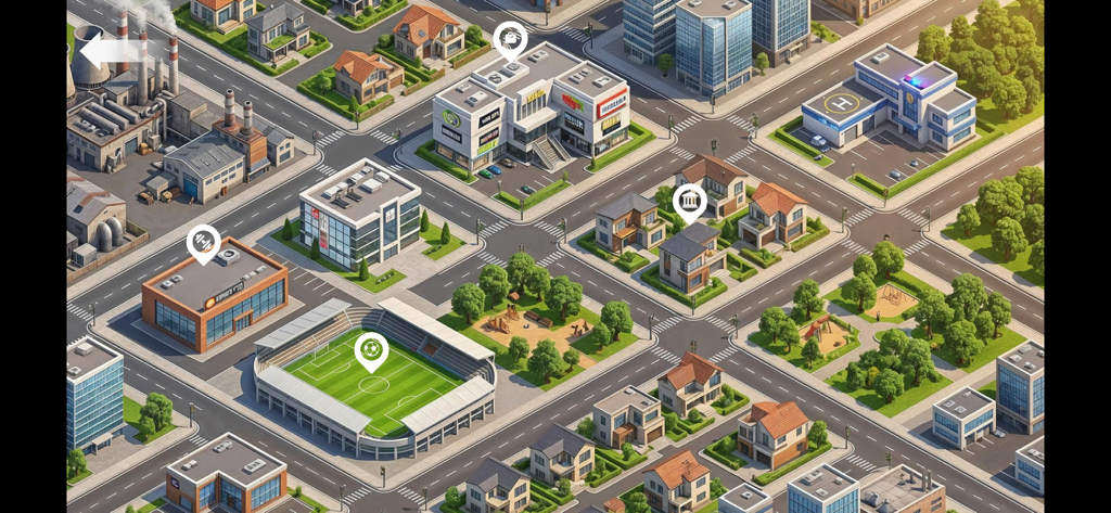 Ref Career : Soccer Simulator - Mapa isométrico de la ciudad que muestra varias ubicaciones del juego, incluido un estadio de fútbol