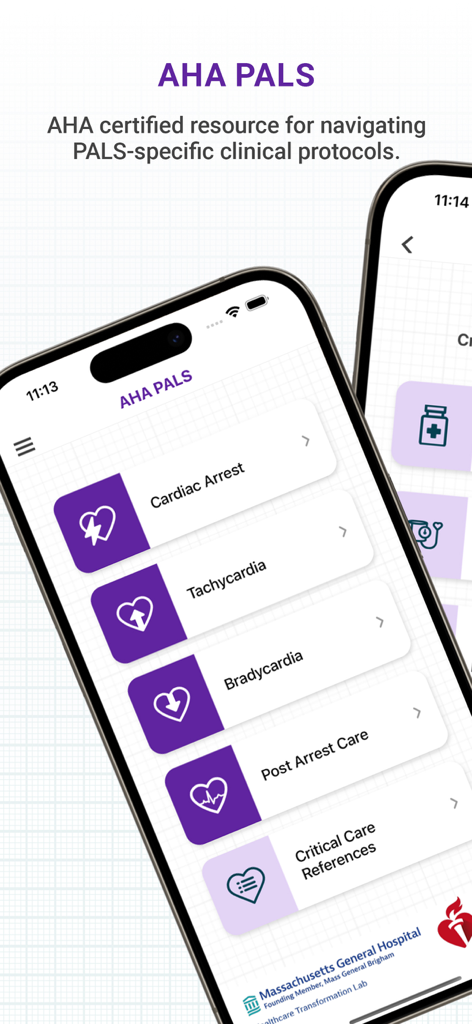 AHA PALS - Menú principal de la aplicación móvil AHA PALS que muestra protocolos clínicos para parada cardíaca y taquicardia pediátricas